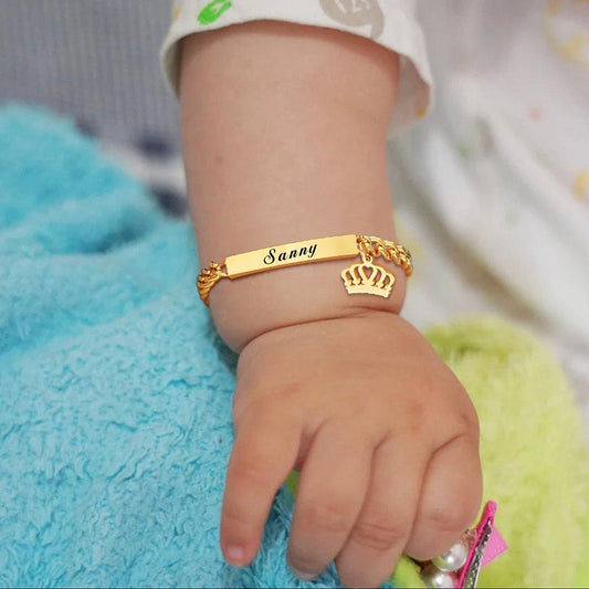 Custom Personalized Name Baby ID Bracelet, Stainless Steel Curb Chain Link Crown Bracelet Newborn Gilrs Boy Gifts Not Allergic